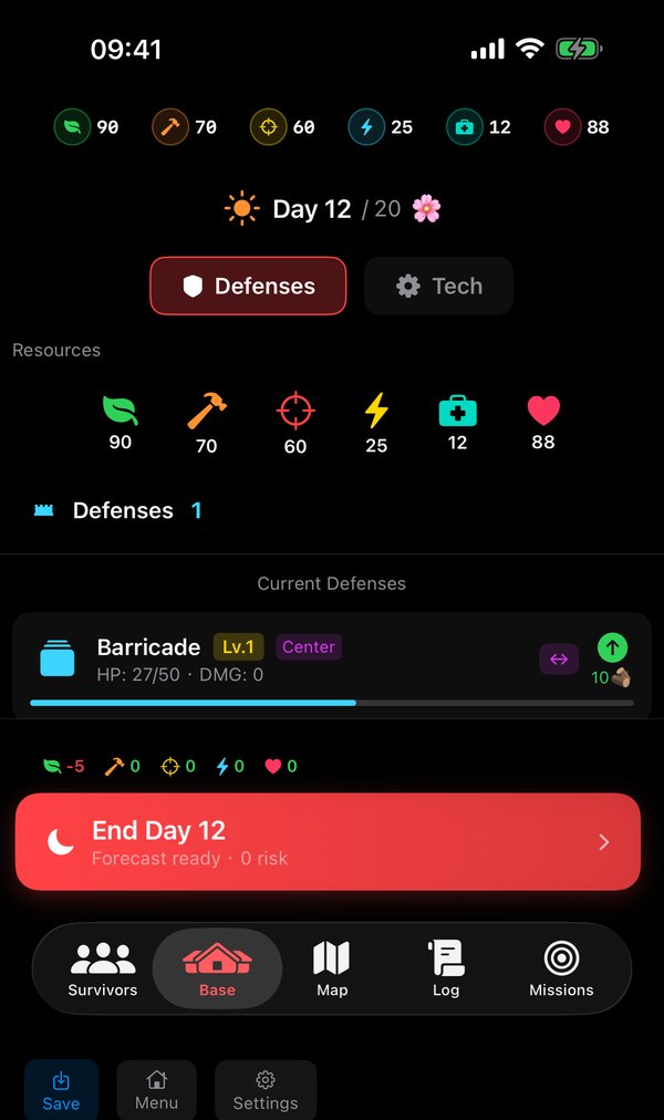 Base screen listing current defenses and their health