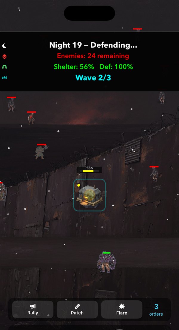 Night defense: enemies approaching the shelter while turrets and walls hold